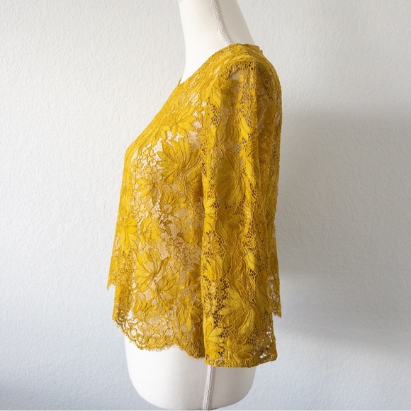 Zara Mustard Yellow Floral Lace Sheer Blouse Size Large - Picture 5 of 10